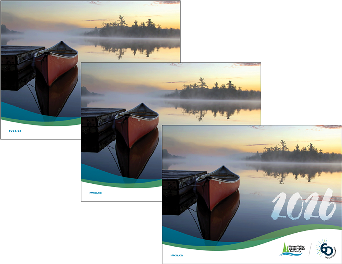 Three covers of 2026 calendar featuring canoe on a misty lake