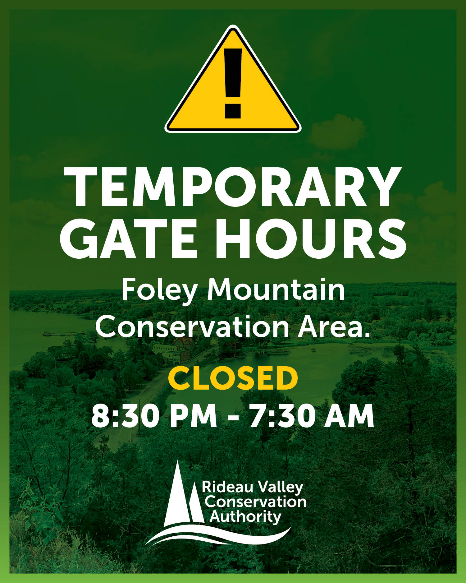 Temporary Gate Hours at Foley Mountain Conservation Area. To help protect Foley Mountain Conservation Area following some recent vandalism, the gate will be closed and locked daily at 8:30 p.m. and reopened at 8:30 a.m., starting today. The park remains open during regular daytime hours, and we look forward to welcoming visitors as usual. We will reassess the situation next week and provide an update. Thank you for your understanding and for helping us care for this special place. If you notice vandalism or suspicious activity, please contact us at 1-800-267-3504 ext. 1180.