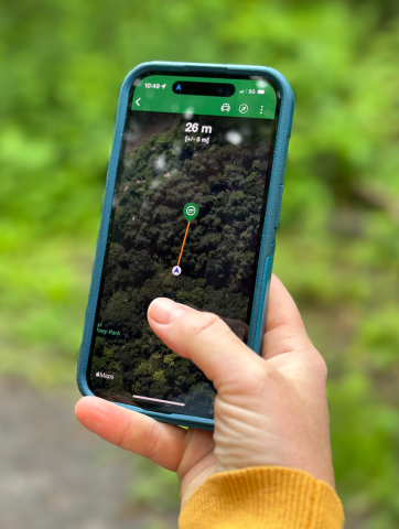 A hand holds a cell phone showing navigation to hidden treasure