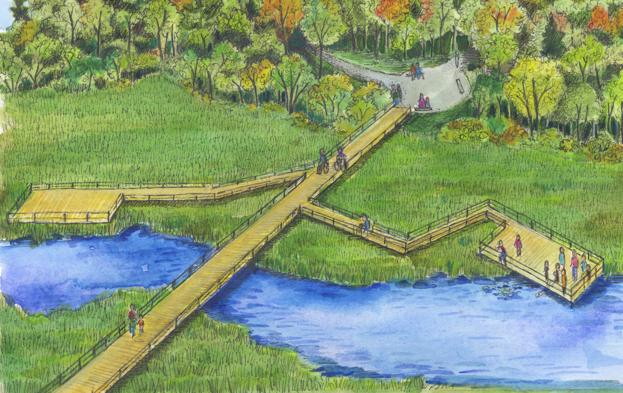 Artist's drawing of an accessible bridge over a marsh and natural area, with accessible platforms extending off either side. The drawing shows people of all abilities using the bridge.