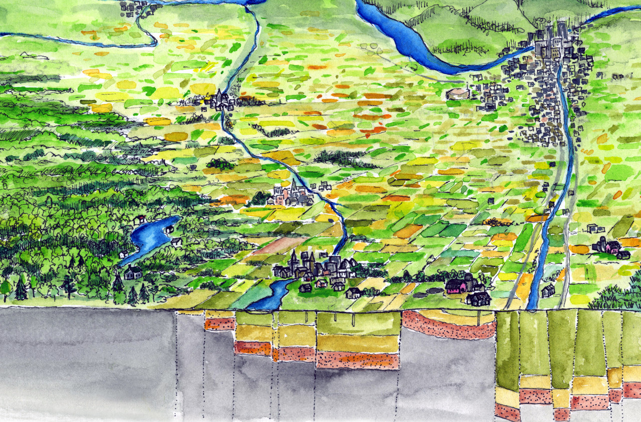 Hand-drawn illustration showing the cross-section of farms, towns, forests and waterways on the surface and the bedrock and soils underground.