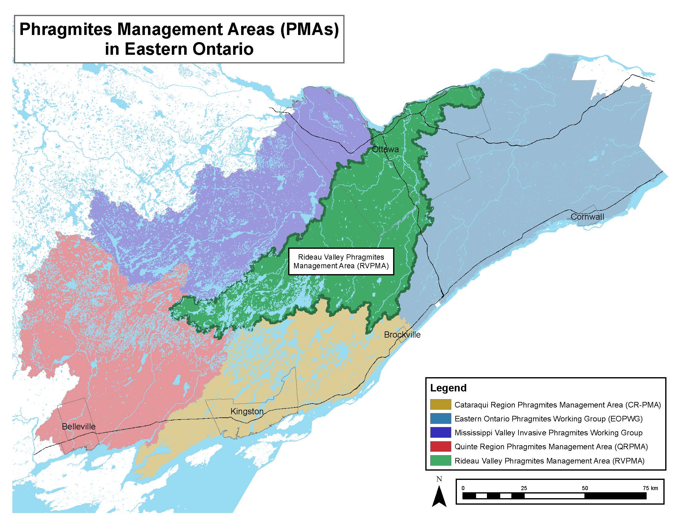Map of phragmites working groups in Eastern Ontario